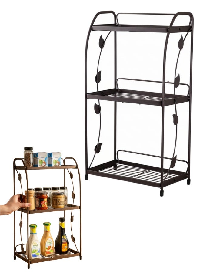 3-Tier Metal Organizer Rack – Multi-Purpose Wire Shelf for Bathroom, Kitchen, Bedroom, and Office – Vintage Bronze Coated Iron Storage Stand with Decorative Leaf Design – Spice Rack, Oil Rack, Cosmetic Organizer, Toiletry Holder, and Personal Care Storage – Slim Space-Saving Wire Shelves with Dimensions 56.5 cm Height × 31.5 cm Width × 17 cm Depth, Easy Cleaning, Ventilated Shelving, Sturdy Metal Frame with Non-Slip Rubber Feet – Multi-Functional Storage Solution for Bottles, Jars, Creams, and Small Containers - Image 1